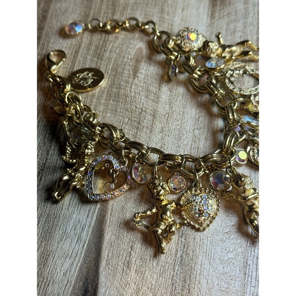 Vintage Kirk's Folly Gold Tone Charm Bracelet AB Crystals Angels Hearts - Picture 2 of 4